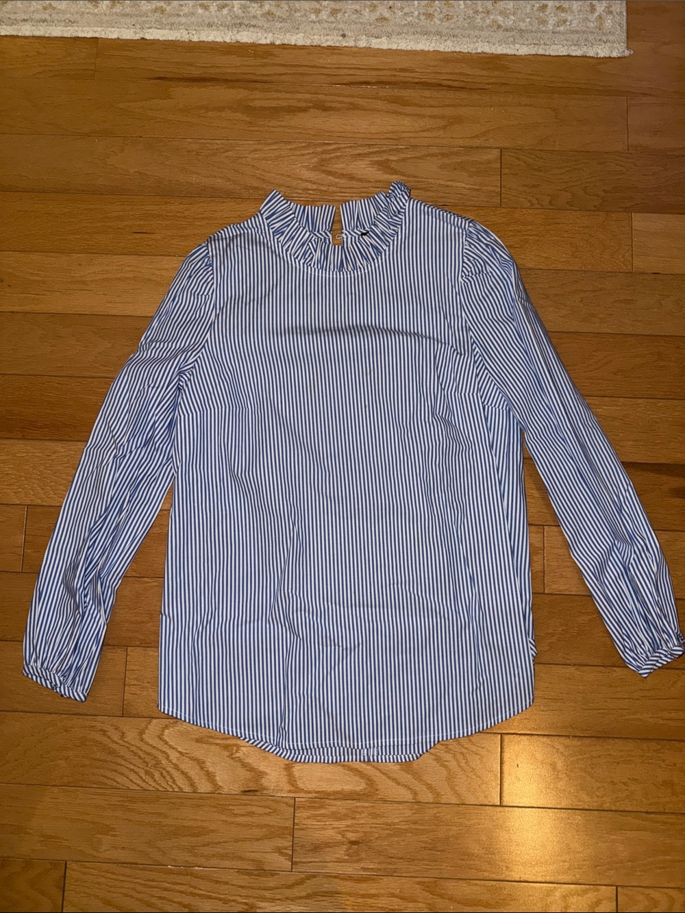 J. Crew Blue and White Striped Ruffle-Neck Blouse